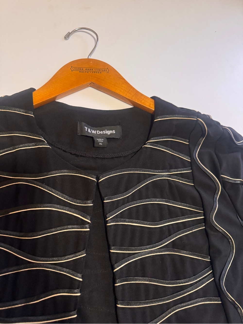 T&W Designs XL Black Ribbon Trim Open Front Art Wear Cardigan Jacket - Picture 7 of 11